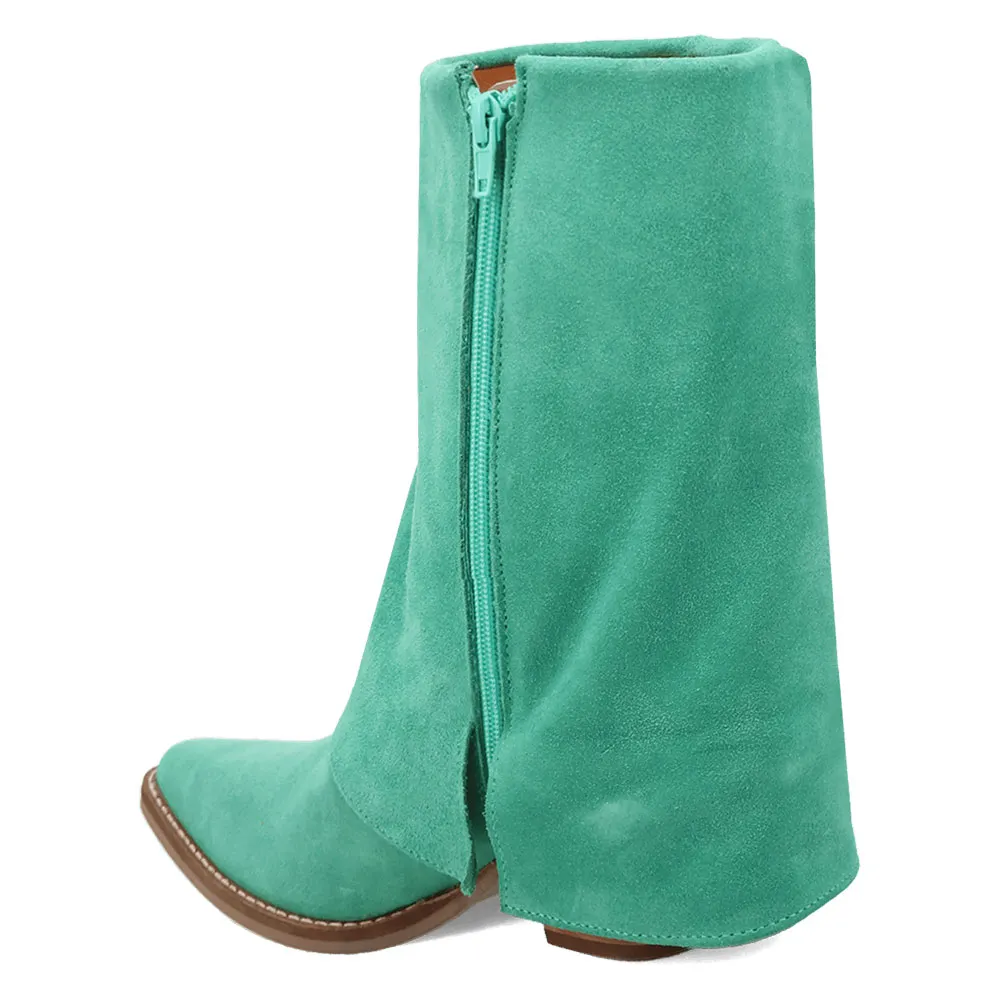 Green Vegan Suede Almond Toe Fringe Chunky Heel Fold Over Ankle Boots