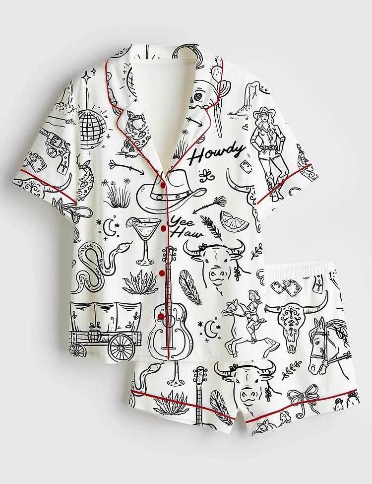 Women&rsquo;s Cowgirl Whimsical Style Hand Drawn Western Bachelorette Party Short Sleeve Satin Pajama Set