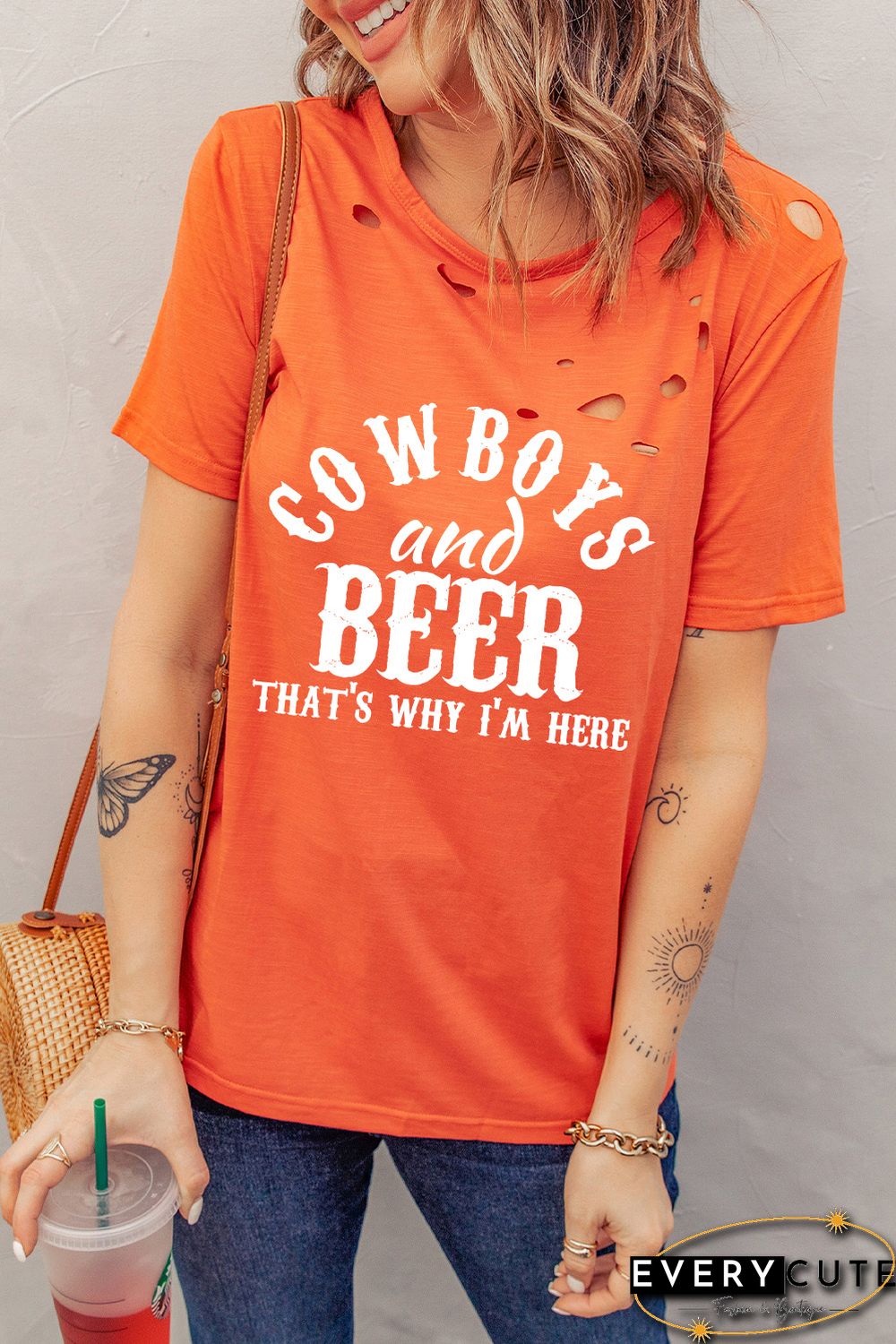 Orange Cowboys and Beers Letter Print Short Sleeve Tee
