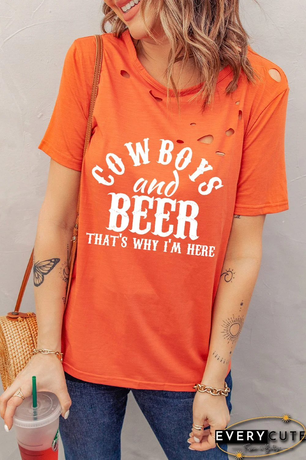 Orange Cowboys and Beers Letter Print Short Sleeve Tee