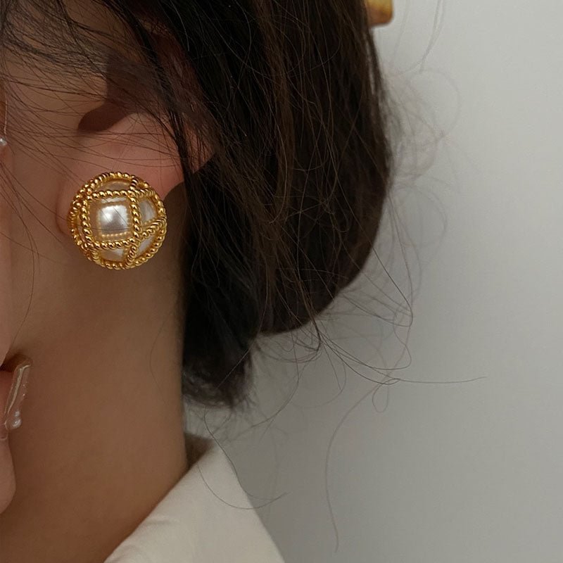 Vintage Metal Large Pearl Earrings