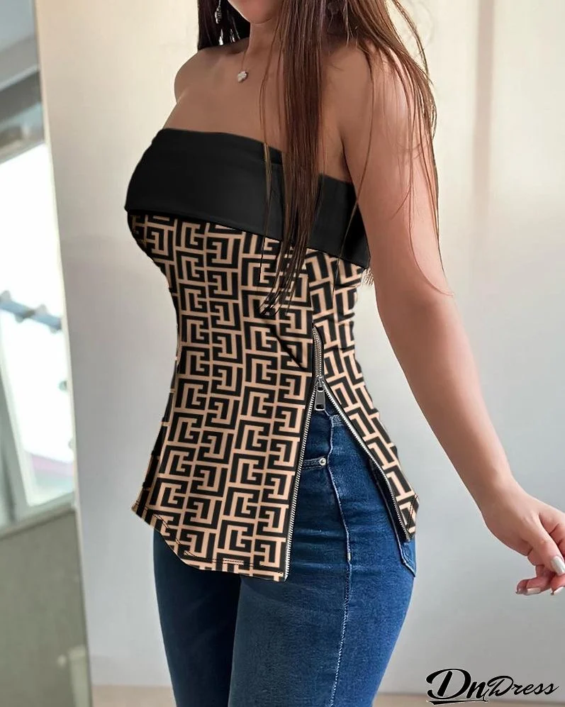 Geometric Print Bandeau Zipper Design Top
