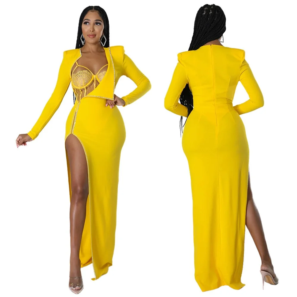 CM.YAYA Women Diamonds Hot Drill Side High Side Split Midi Maxi Dress and Lace Sleeveless Bodysuit Matching Set 2 Piece Outfit