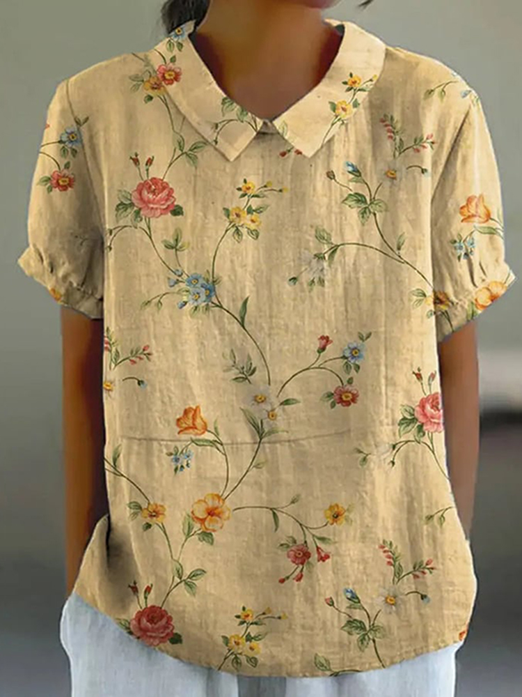 Comstylish Boughs And Robin Birds Graphic Print Casual Cotton Linen Shirt