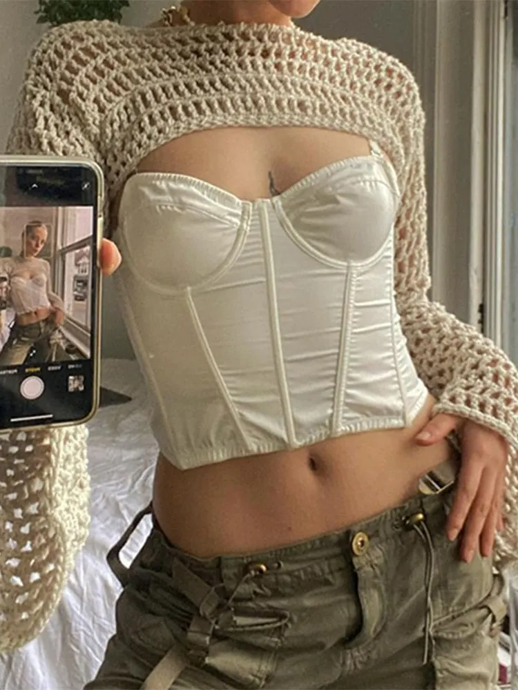 Jacqueline 2022 Y2K Retro Knitted Crop Top Long Sleeve Smock T Shirt Women Sun Protection Breathable Patchwork Hollow Out Tees