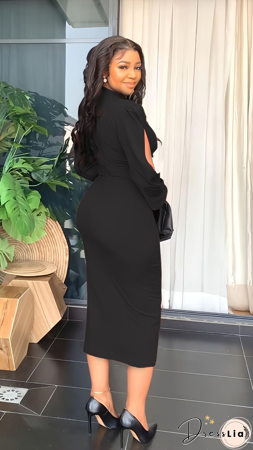 Elegant Solid Lantern Sleeve Maxi Pencil Dress