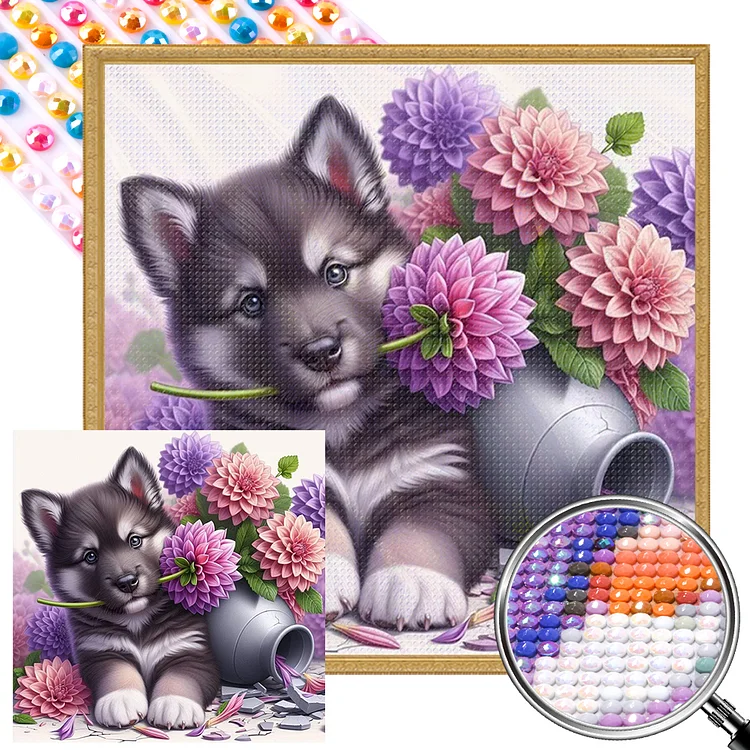 Flowers And Puppy Husky 40*40CM (Canvas) Full AB Round Drill Diamond Painting gbfke