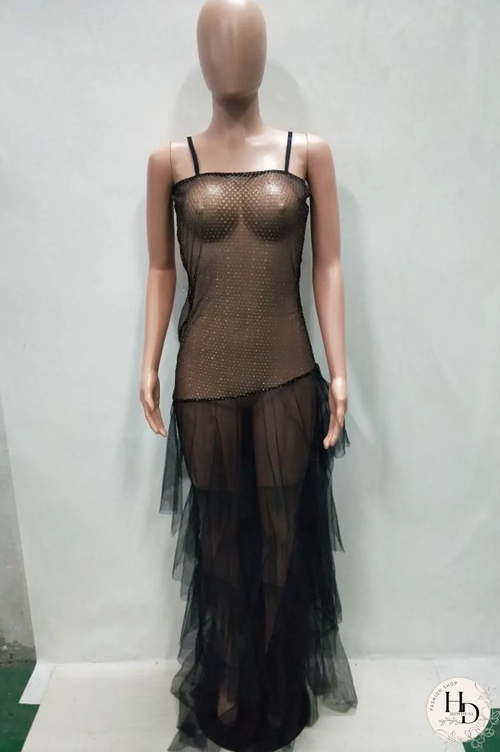 Black polyester fashion sexy spaghetti strap sleeveless slip ball gown floor-length