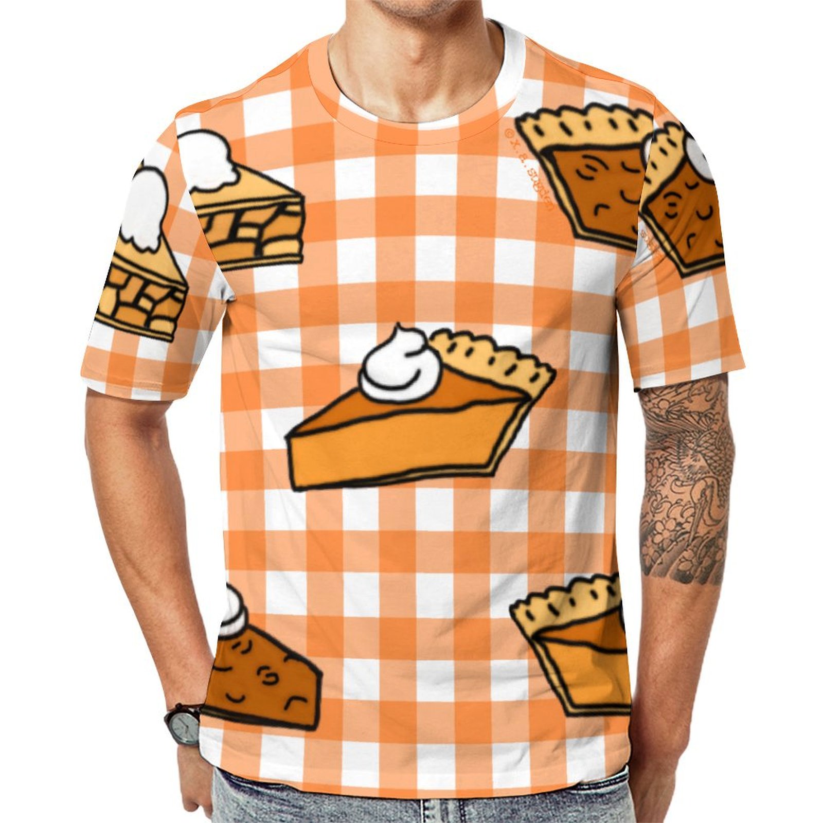 Orange Fall Apple Pumpkin And Pecan Pie Checked Short Sleeve Print Unisex Tshirt Summer Casual Tees for Men and Women Coolcoshirts