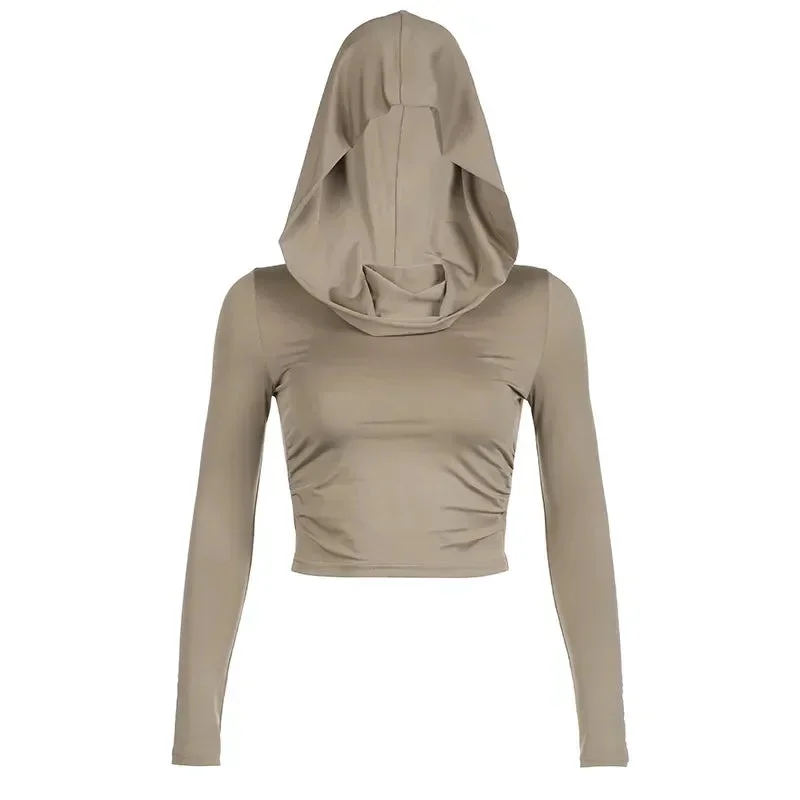 Tlbang Women's Hooded Crop Tops Autumn Solid Color Long Sleeve Cowl Neck Slim Fit Short T-Shirt Streetwear Sporty Basics Tees