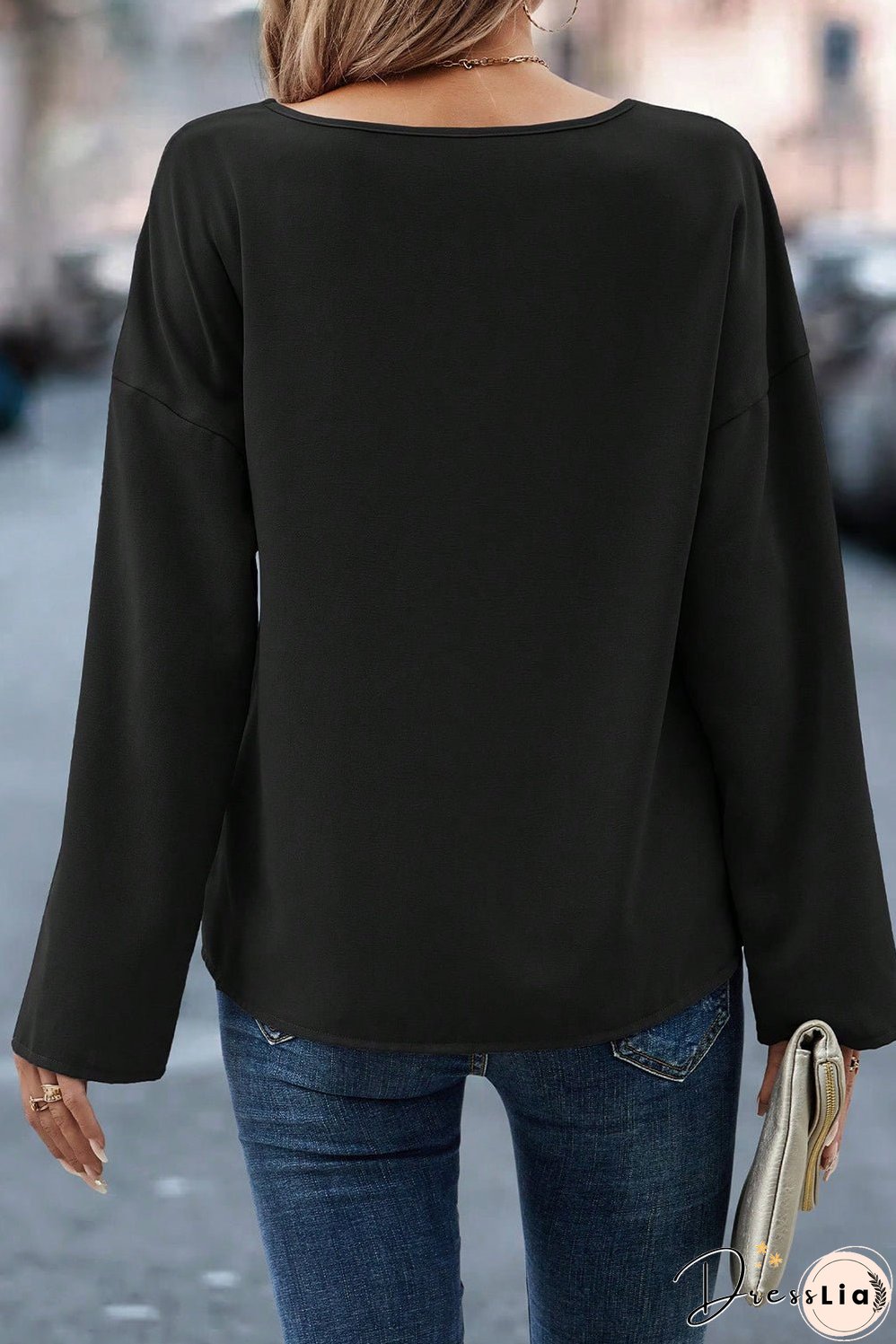 Elegant Black Stitched Sleeve Round Neck Blouse