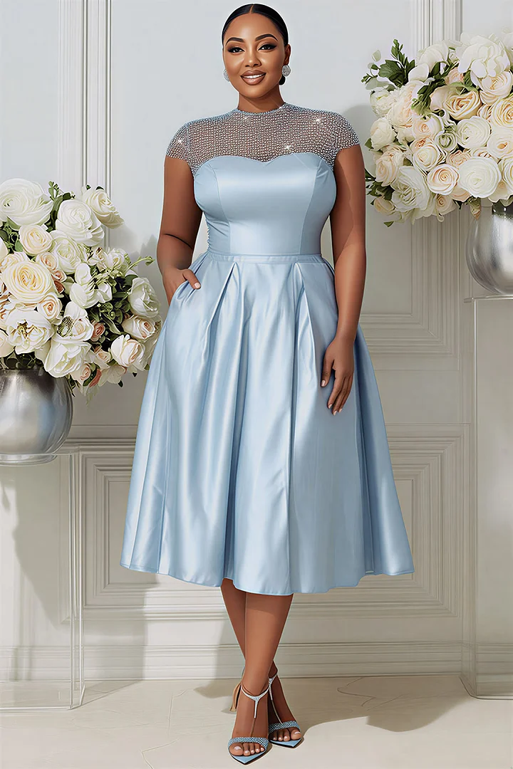 Xpluswear Design Plus Size Cocktail Party Tulle Light Blue Round Neck Short Sleeve Pocket See Through Satin Midi Dresses 2024 - Xpluswear