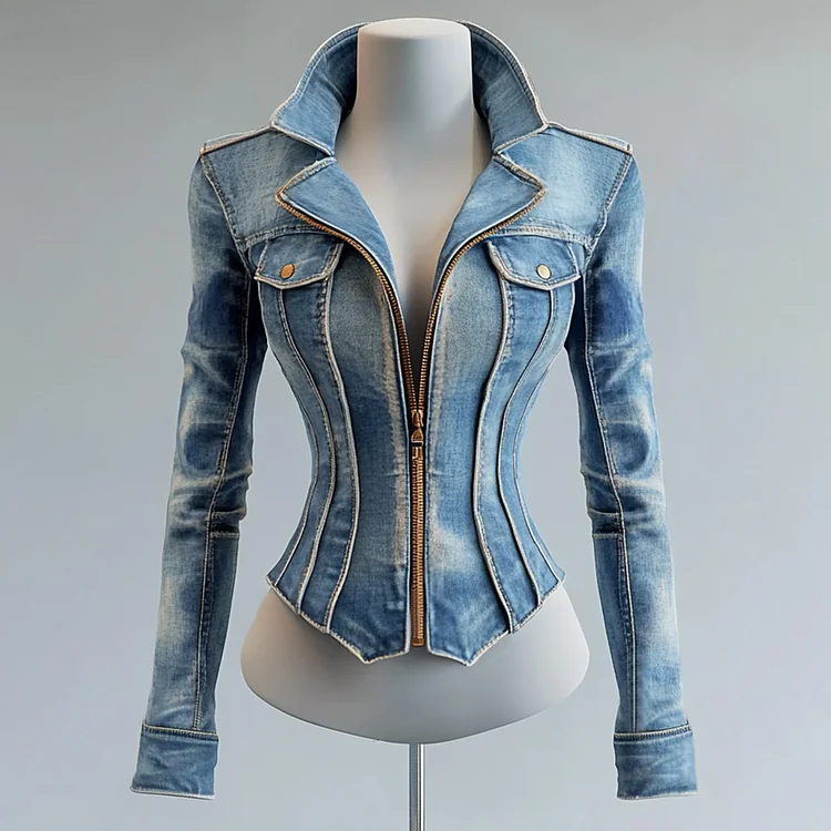 Ursime Lapel Collar Long Sleeve Zip Up Denim Jacket