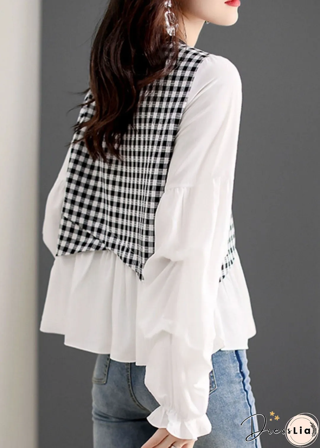 Women White O Neck Plaid Patchwork False Two Pieces Cotton Top Spring