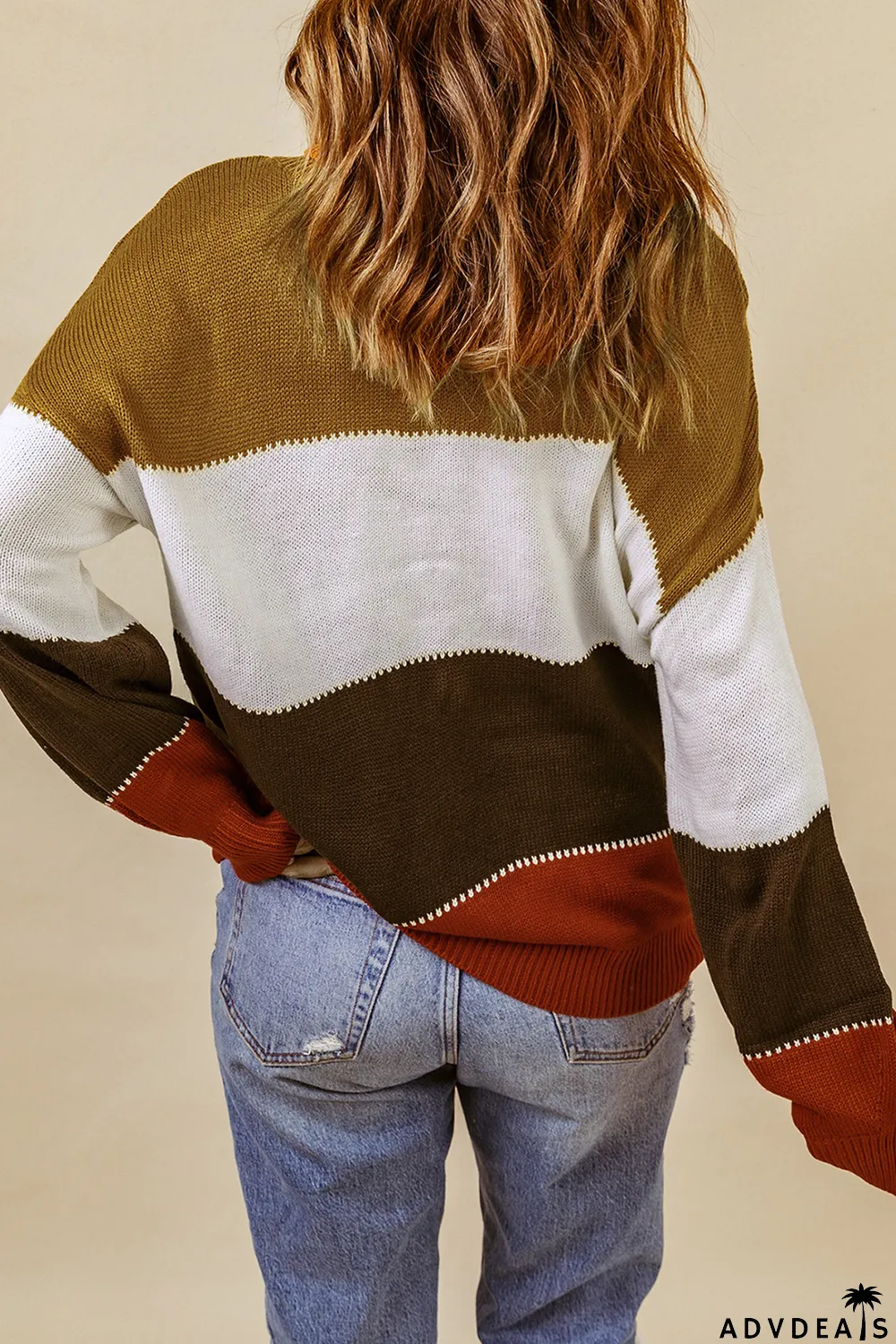 Orange Accent Color Block Turtleneck Chunky Knit Sweater