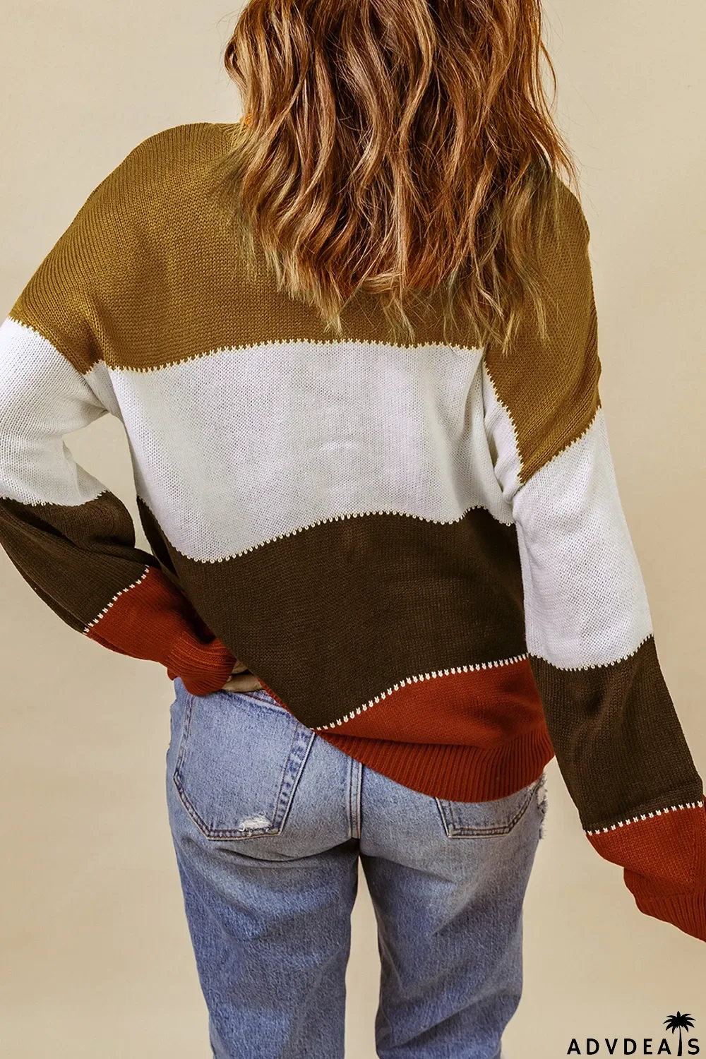 Orange Accent Color Block Turtleneck Chunky Knit Sweater