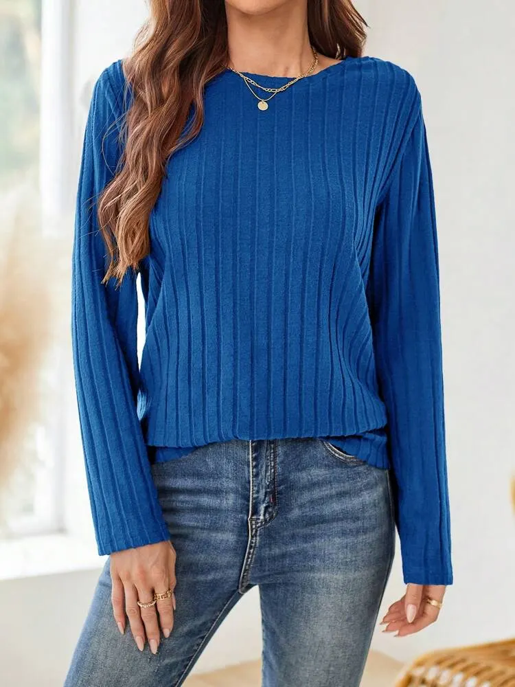 Fall Women Clothes Dark Blue Round-Neck Long-Sleeve T-Shirt For Autumn