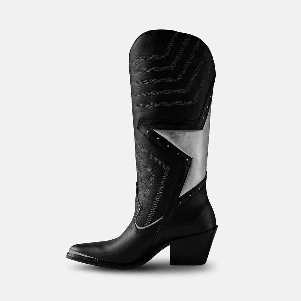 Block Heel Star Inlay Studded Knee High Black Cowgirl Boots for Women
