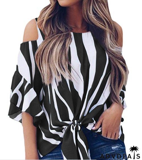 Off The Shoulder Blue White Vertical Stripes Blouse