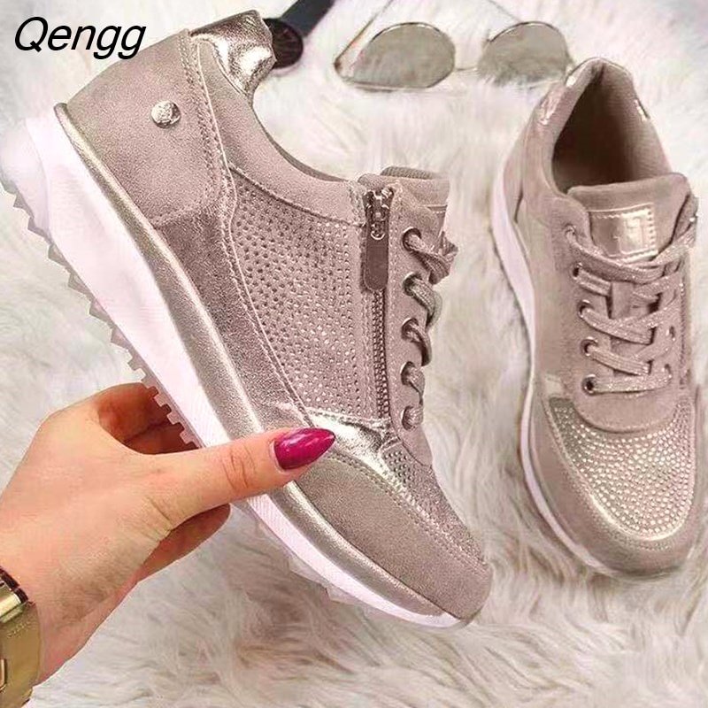 Qengg Casual Shoes 2023 New Fashion Wedge Flat Shoes Zipper Lace Up Comfortable Ladies Sneakers Female Vulcanized Shoes 304-1