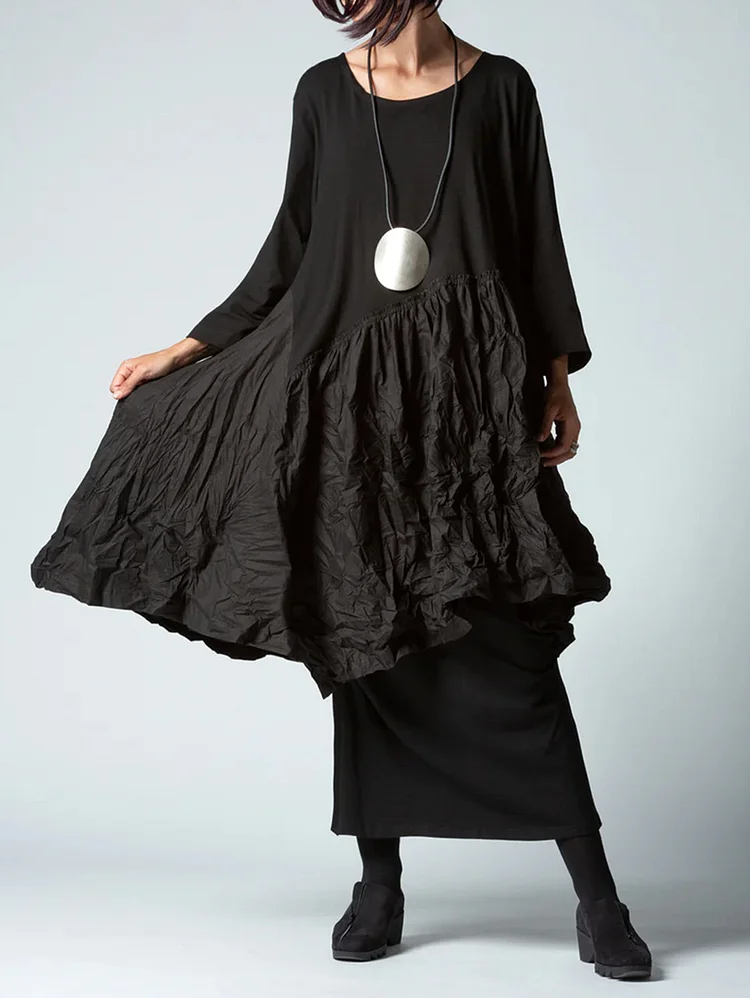 Casual Crew Neck Long Sleeve Wrinkled Asymmetric Hem Long Shirt