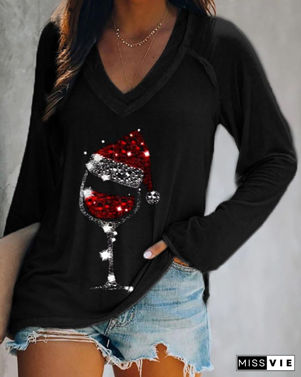 Christmas Wine Glass Print Casual Sweatshirt