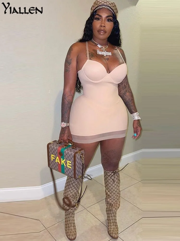 Yiallen Solid Body-Shaping Mini Dress Women Patchwork Mesh Strapless Camisole Skirt Sexy Cleavage Sleeveless Club Female Wear