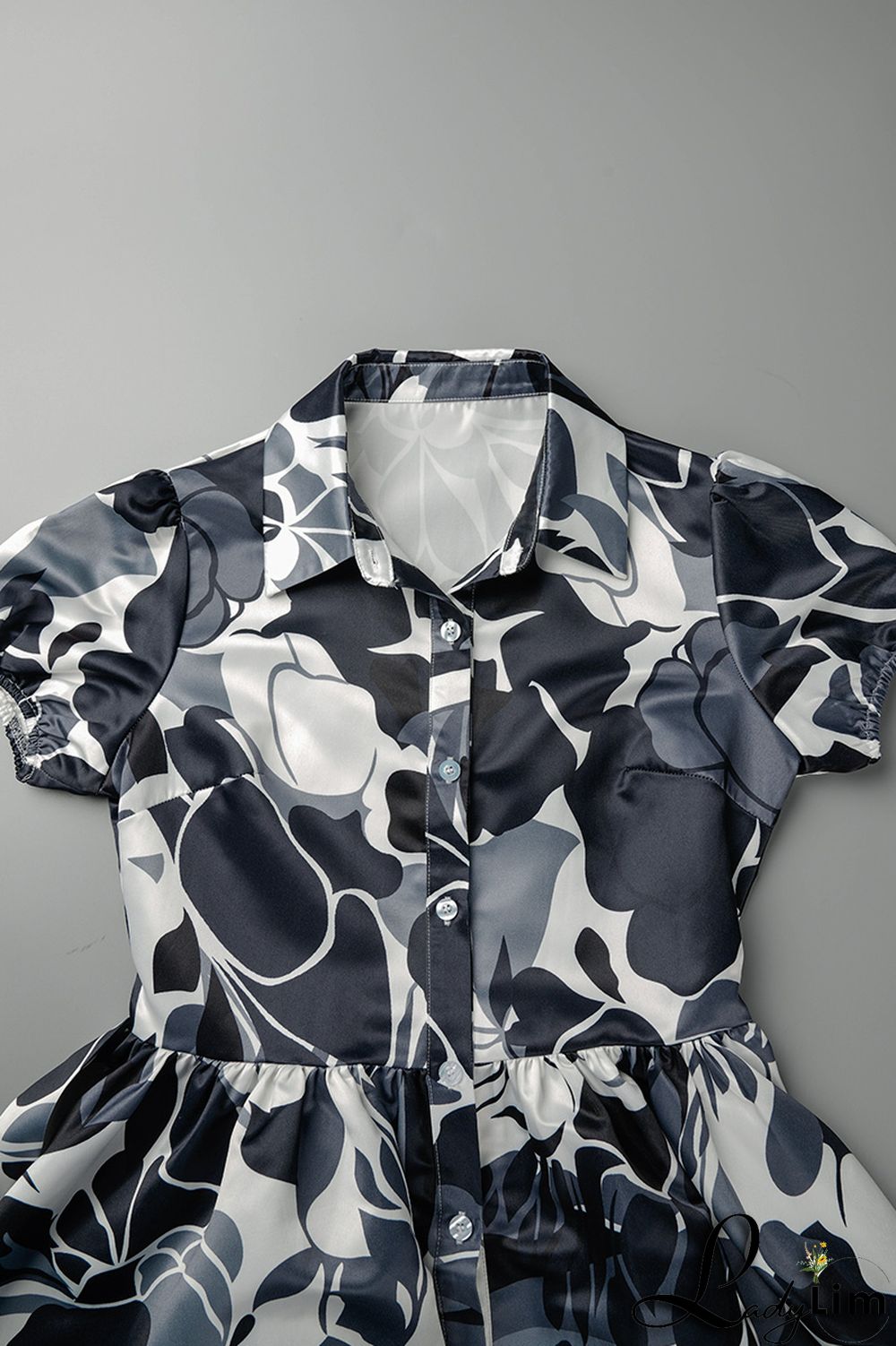 Blue Sweet Print Patchwork Buckle With Belt Turndown Collar A Line Dresses