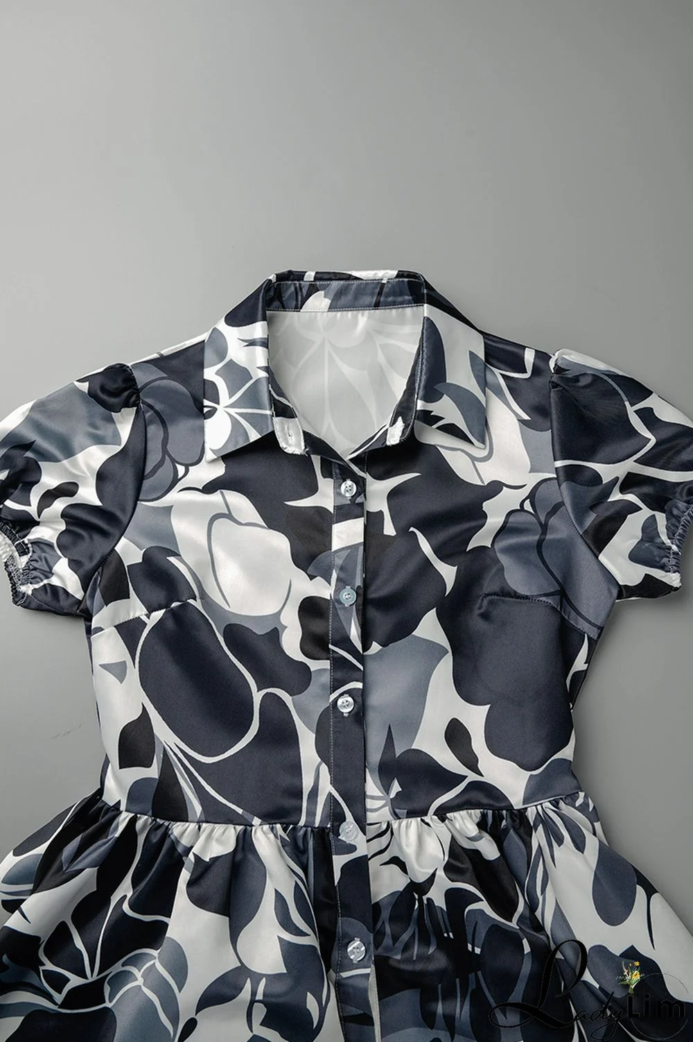 Blue Sweet Print Patchwork Buckle With Belt Turndown Collar A Line Dresses