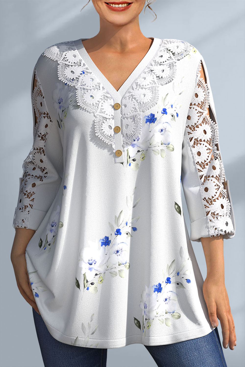 Flycurvy Plus Size Dressy Lace Patchwork V Neck Floral Print Blouse (US shipping only) 2024 - Flycurvy 