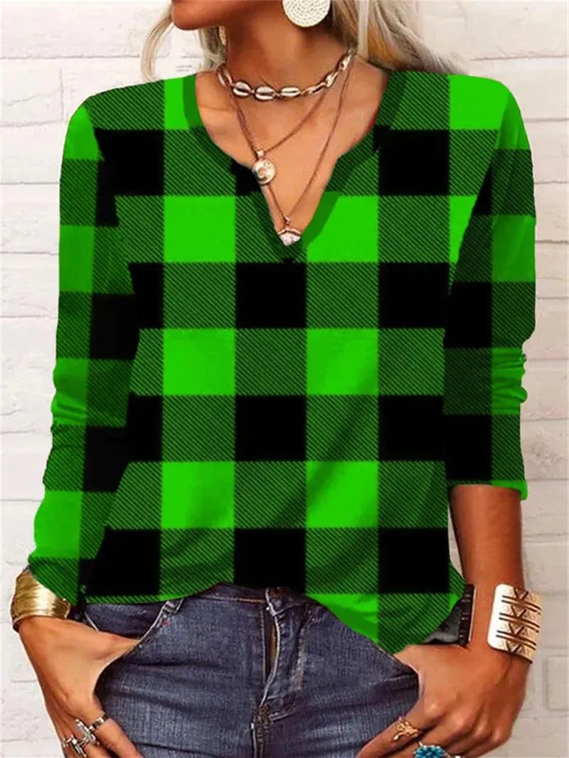 Women's V-Neck Long Sleeve Plaid Tops