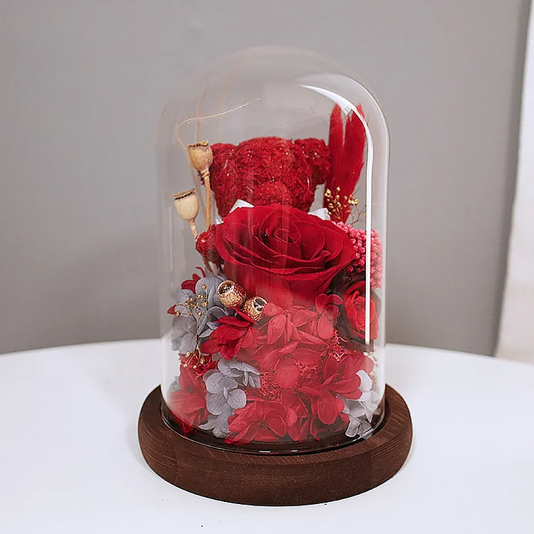 Bear with Red/Pink/Purple/Blue Everlasting Rose in Glass Dome