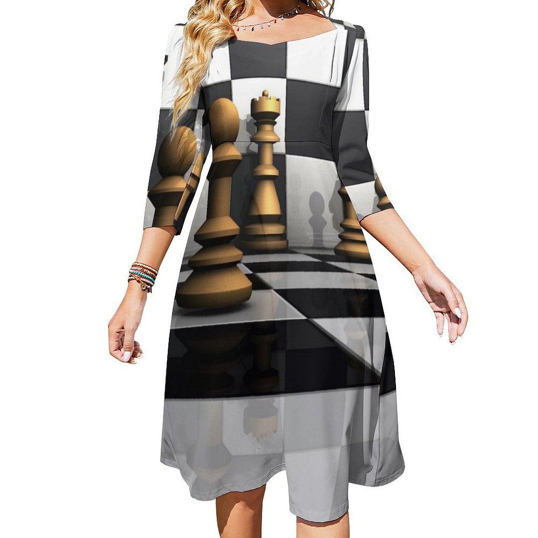 Chess King Play Dress Sweetheart Tie Back Flared 3/4 Sleeve Midi Dresses