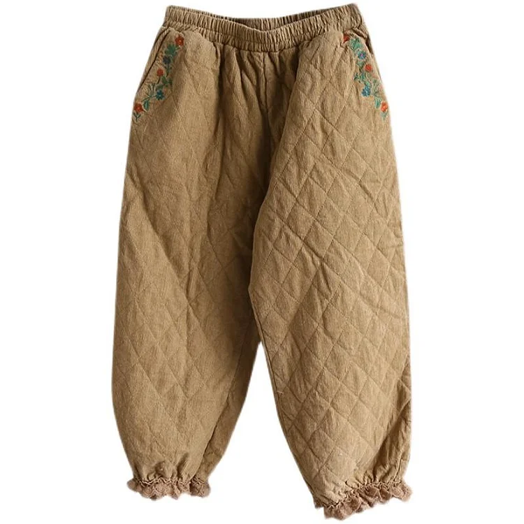 Queenfunky cottagecore style Warm Corduroy Quilted Pants With Embroidered Pockets QueenFunky