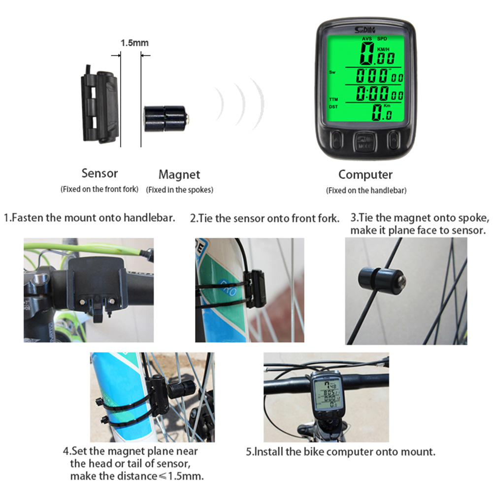 SunDing Bicycle Wired Computer Waterproof Backlight Odometer Speedometer