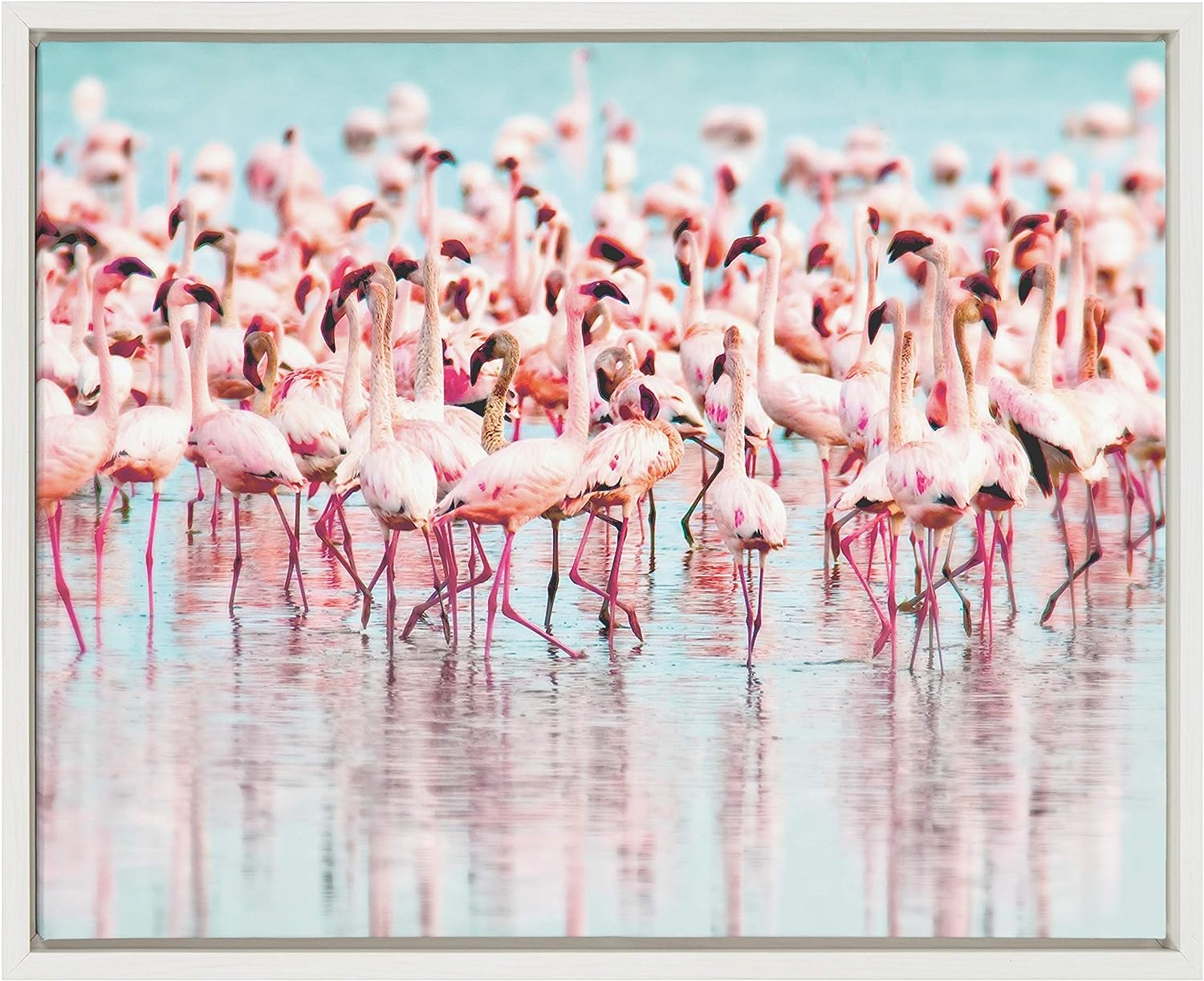 Kate and Laurel Sylvie Flamingos in Water Animal Print Framed Canvas Wall Art by Amy Peterson, 18x24 White
