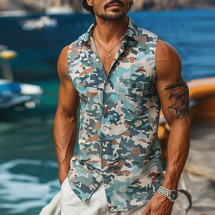 Men's Camo Print Lapel Chest Pocket Sleeveless Shirt