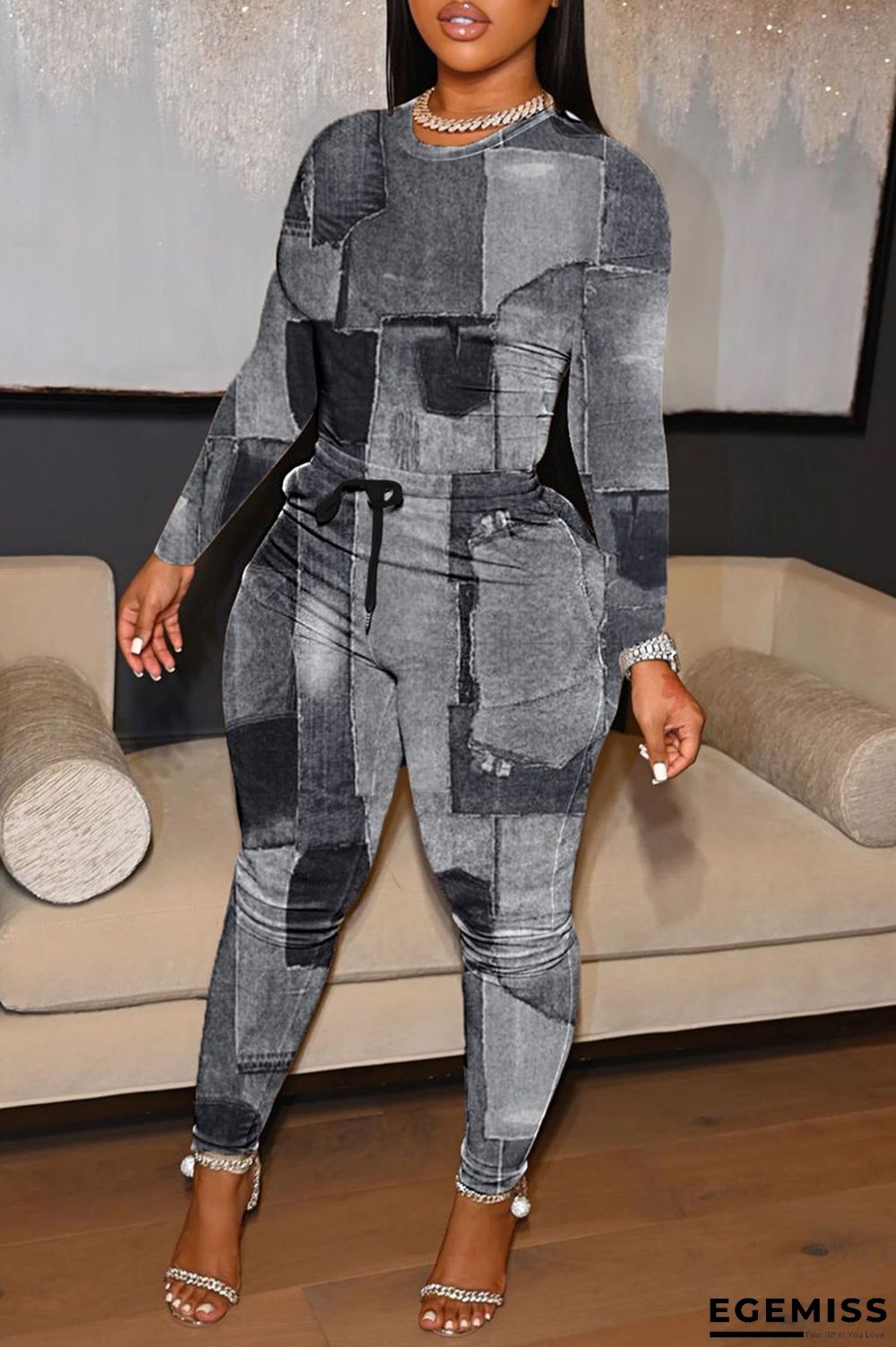 Black Casual Print Patchwork O Neck Long Sleeve Two Pieces | EGEMISS