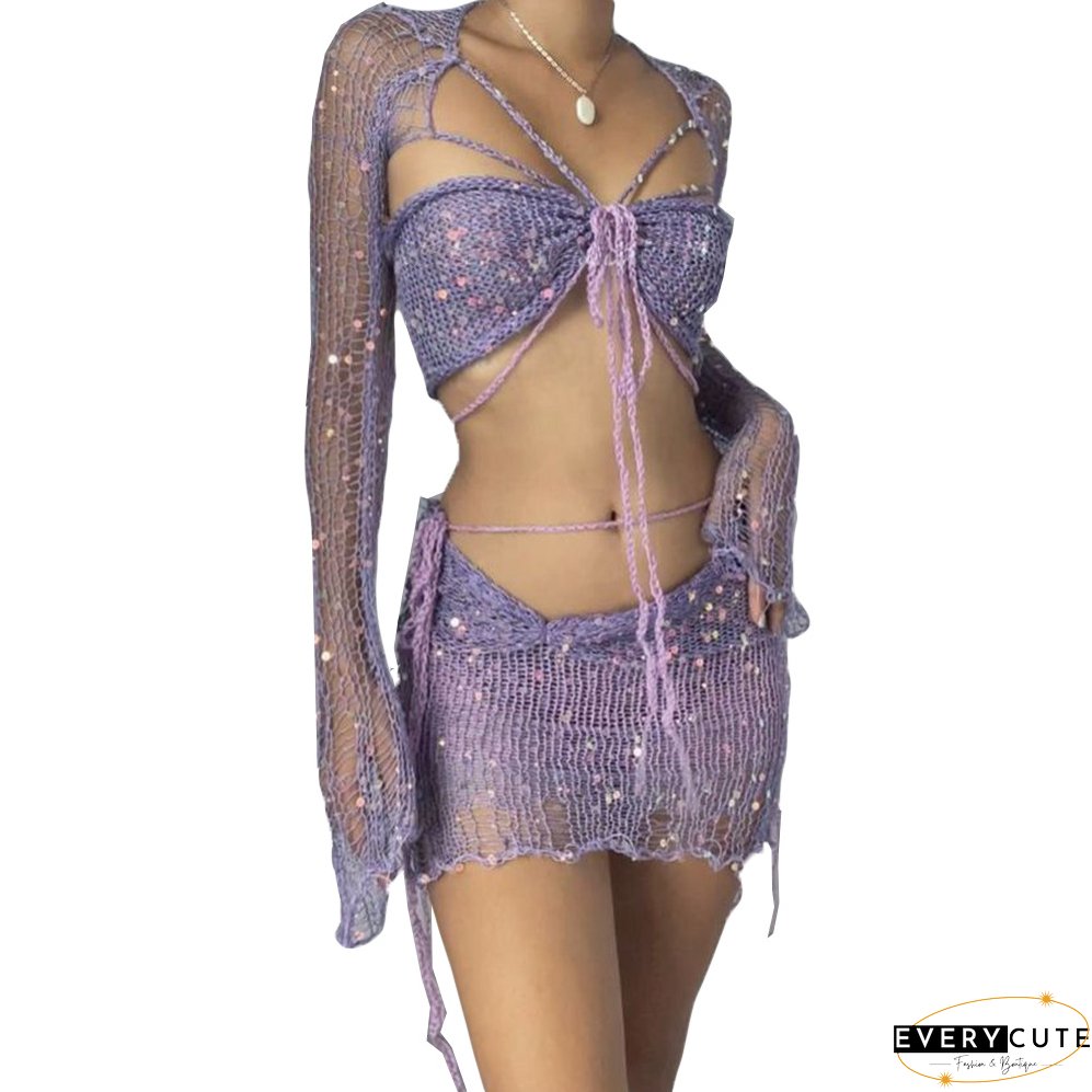 Women's Sequined Knitting Long Sleeve Three-Piece Skirt Set