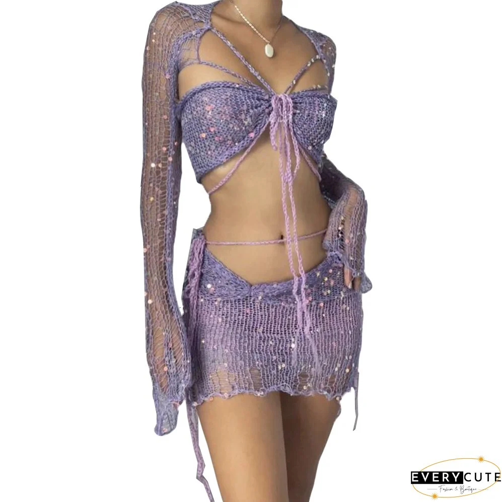 Women's Sequined Knitting Long Sleeve Three-Piece Skirt Set