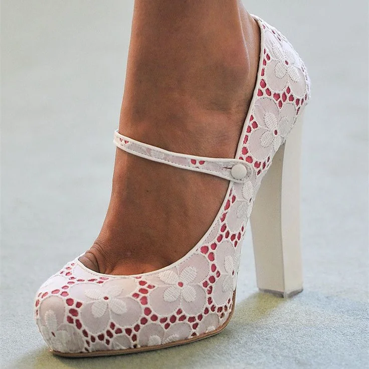 White Wedding Shoes Lace Heels Mary Jane Chunky Heel Pumps |FSJ Shoes