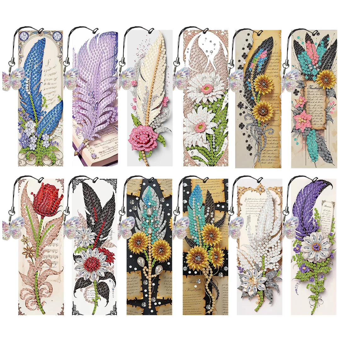 12Pcs Feathers Flowers DIY Diamond Art Painting Bookmark for Reading Enthusiasts
