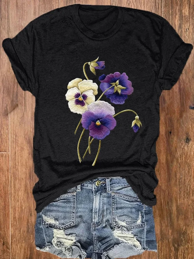 Women's Alzheimer's Awareness Purple Floral Print Crew Neck T-Shirt socialshop