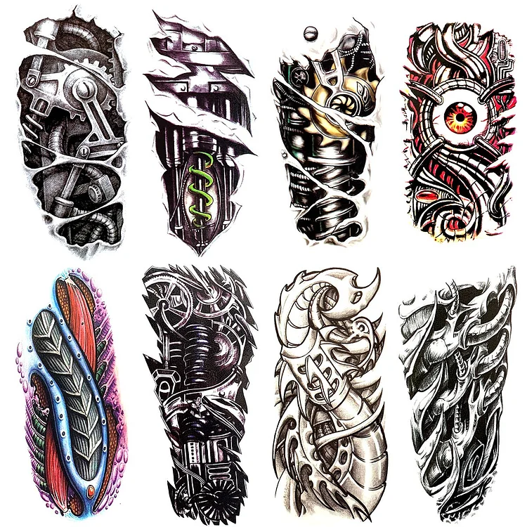 8 Pieces Large 3D Mechanical Parts Gear Arm Eyeball Muscle Temporary Tattoo