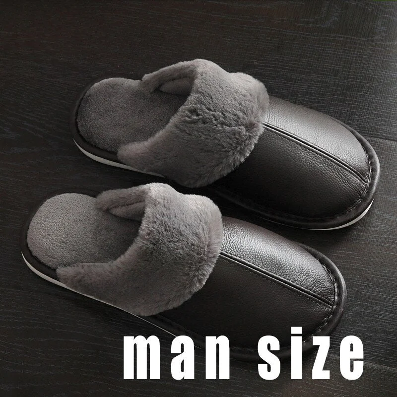 Men's Slippers Winter Genuine Leather Slippers for Men Warm Plush Slippers Large Size 45-46 Home Slippers Comfy House Shoes