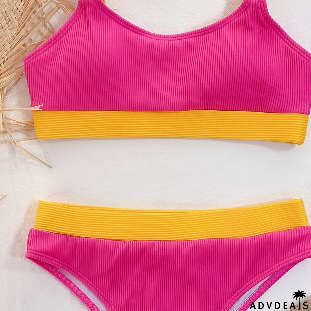 Summer Two Piece Block Color High Waist Swiwmear