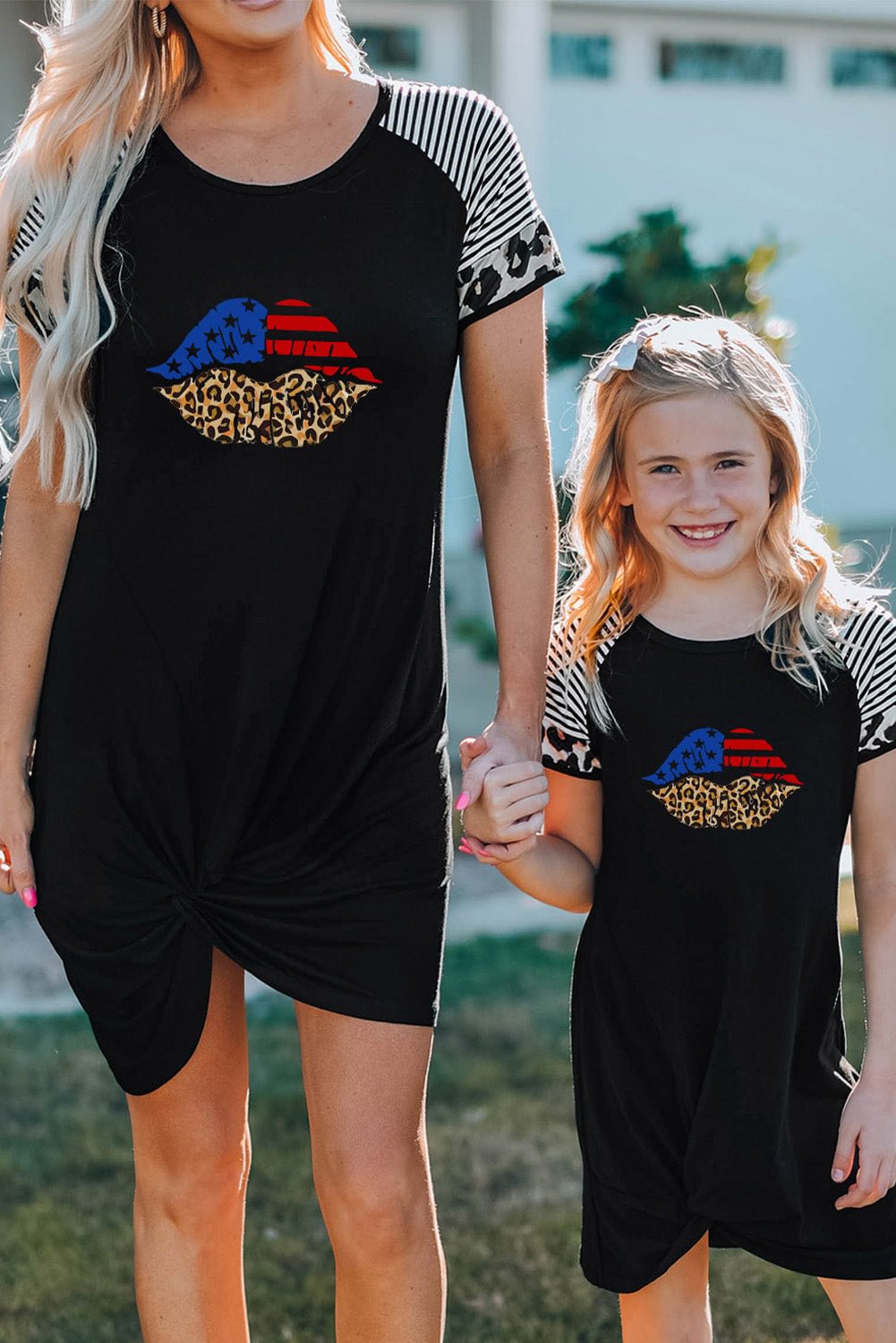 American Flag Leopard Lip Print Ruched T Shirt Dress