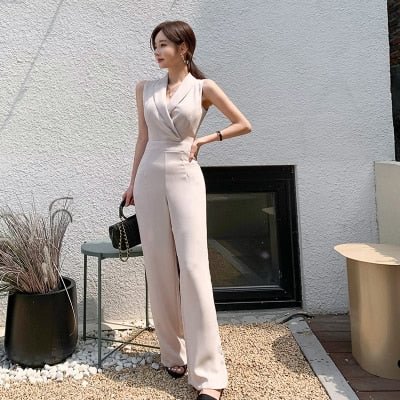 Elegant Business Sleeveless Jumpsuits Women New Wide Leg Long Playsuits Casual Office Lady Work Wear Rompers