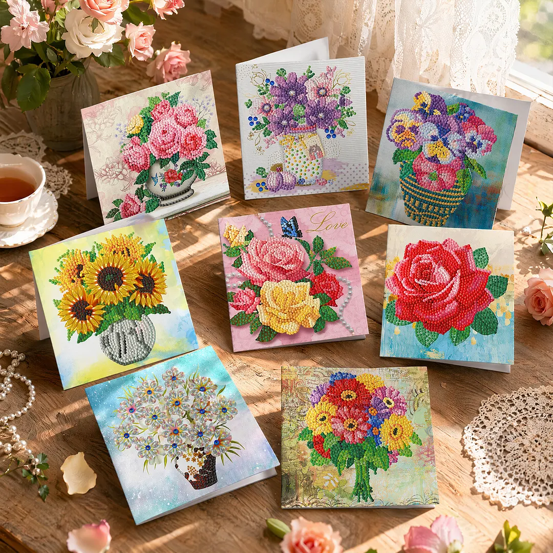 8PCS Vase DIY Diamond Painting Greeting Card Kits with Envelopes Diamond Art Greeting Cards Diamond Art Cards Kits for Adults DIY Crafts Family Friend Gifts