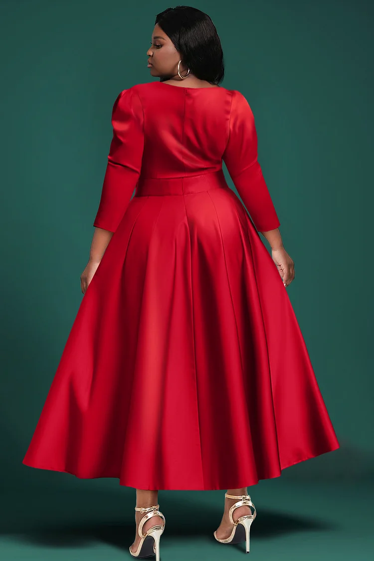 Xpluswear Design Plus Size Formal Red Floral Round Neck 3/4 Sleeve Peplum  Satin Midi Dresses - Xpluswear